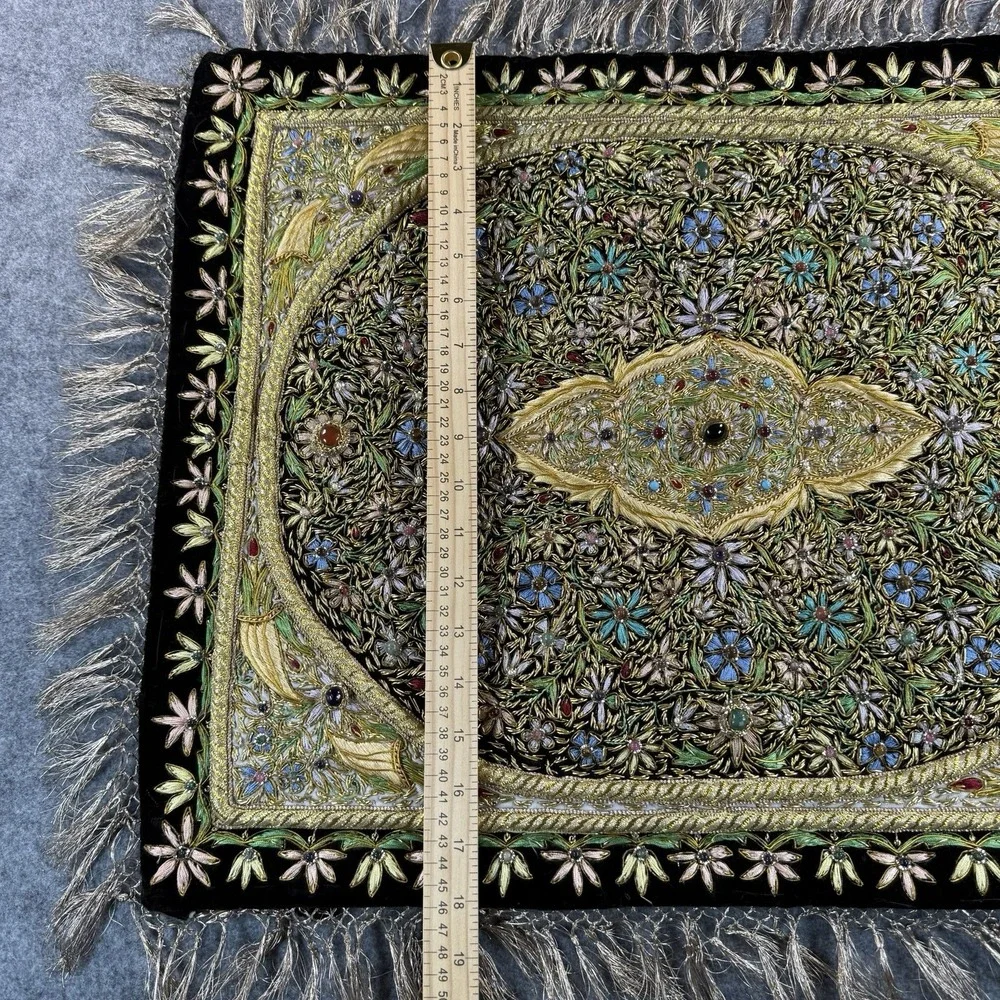 Vintage India Embroidered Wall Hanging Tapestry Beaded Ornate Black Gold Velvet
